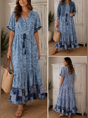 🟠NWT DAVI & DANI Maxi Tiered Drawstring Short Sleeve Dress in Blue Print MED